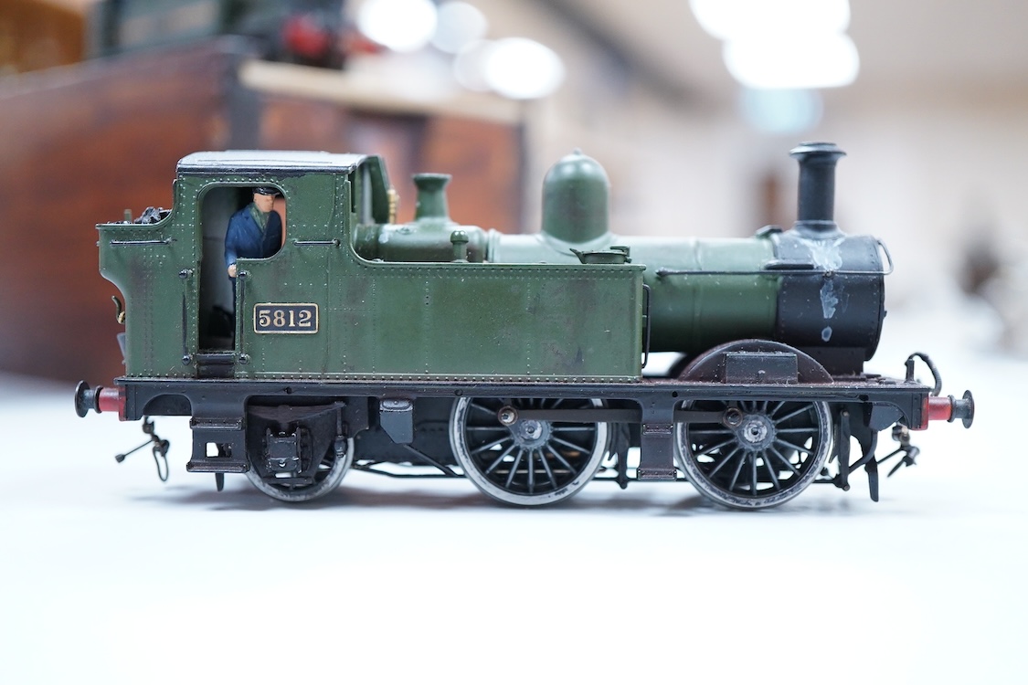 Three EM gauge GWR model railway locomotives scratch built or adapted from kits by John Worsley; 0-4-2T, 5812, 0-4-2T, 1468, and 0-4-0ST, 1143, all well detailed models.